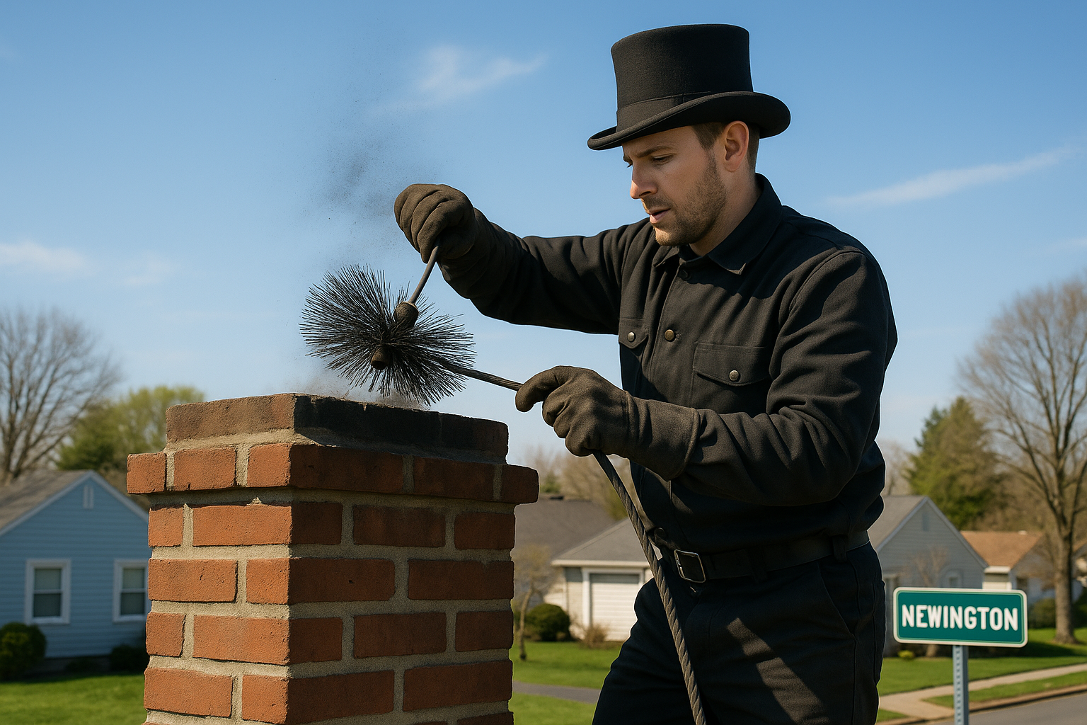 Chimney sweep on roof in Shelton, CT