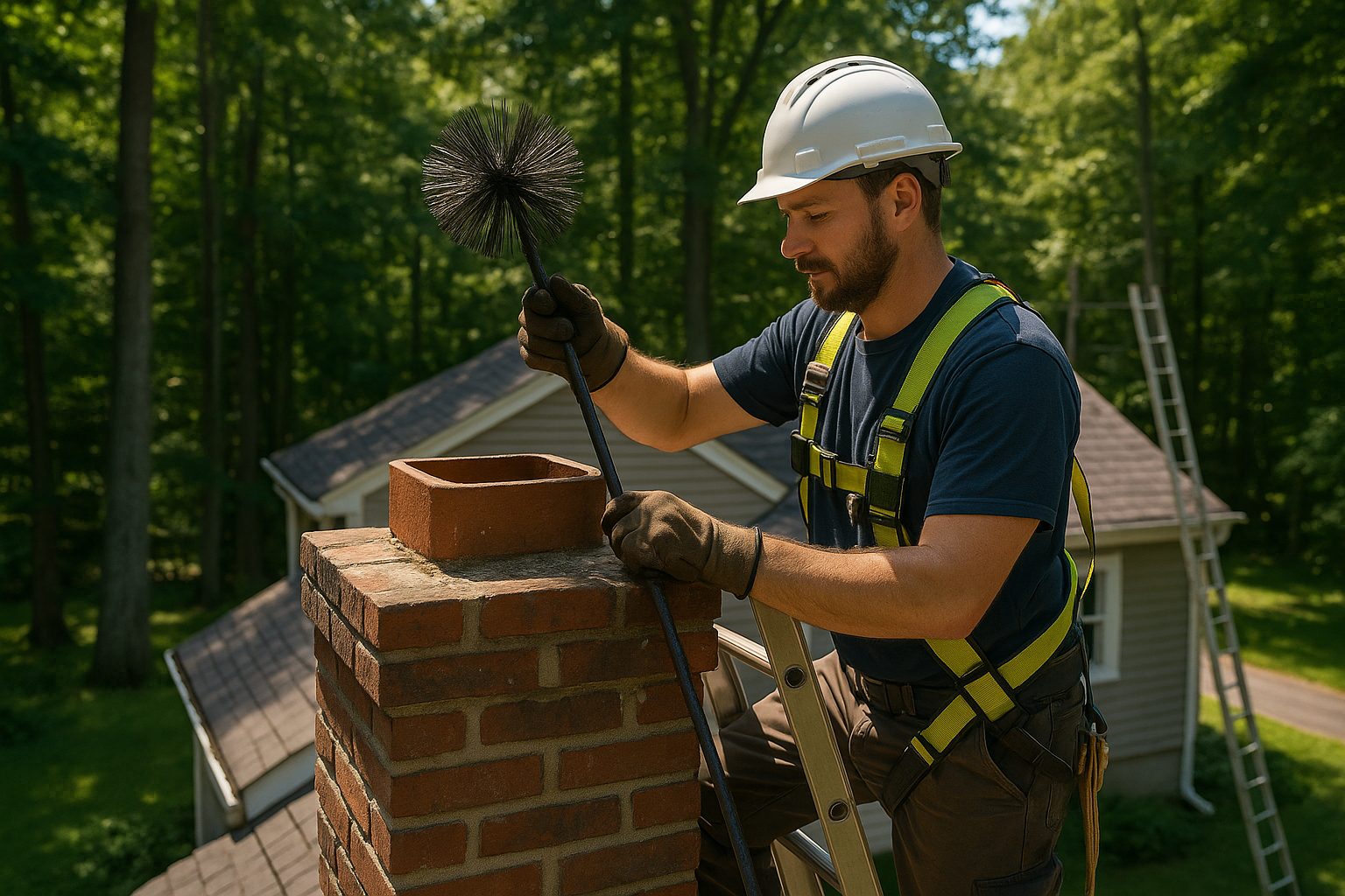 Technician sealing a chimney crown